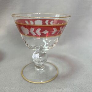 Vintage Cranberry Etched Glass Sherbet Coupes Set of 2 Gold Rim Defect Lot